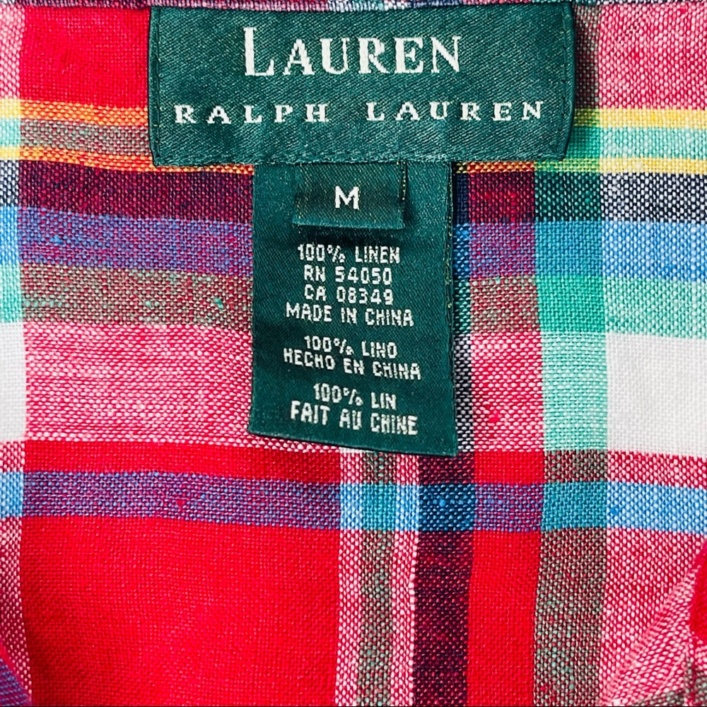 Lauren Ralph Lauren Red Plaid Linen Button Down Top Size Medium - Picture 6 of 11